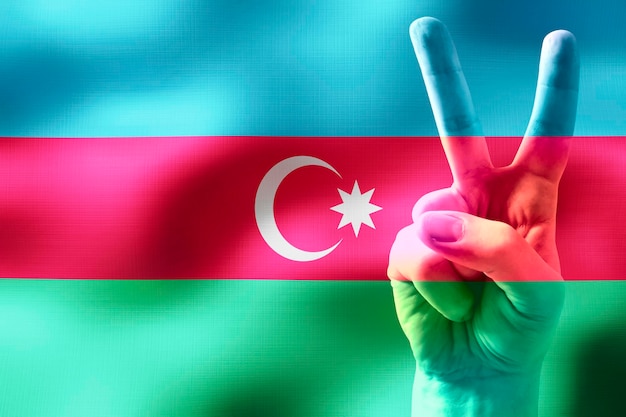 Azerbaijan due dita che mostrano il segno della pace e la bandiera nazionale