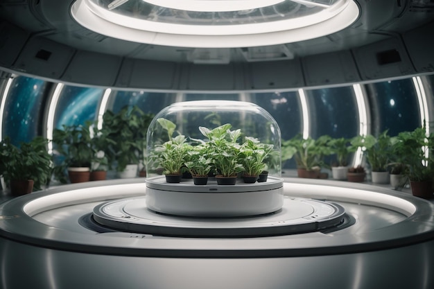 Azienda agricola biologica pianta idroponica fabbrica di piante vegetali impianto futuristico Sala laboratorio idroponico su veicolo spaziale con podio circolare