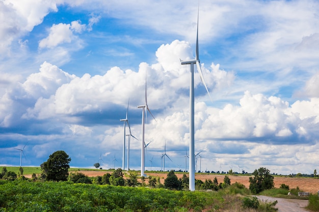 Azienda agricola della turbina di vento in bella natura con blackground del cielo blu, generante elettricità