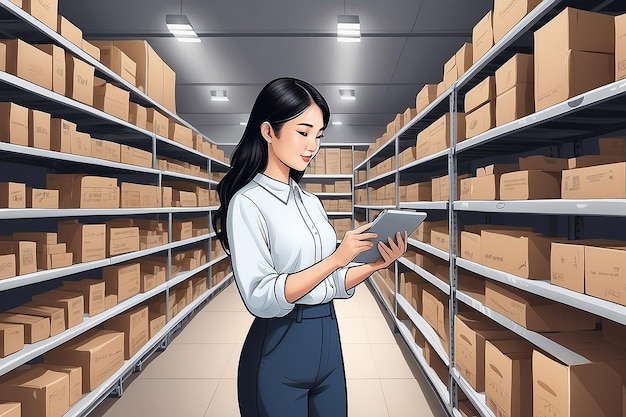 Azienda asiatica proprietaria di un tablet digitale che controlla la quantità di inventario di prodotti in magazzino sullo scaffale