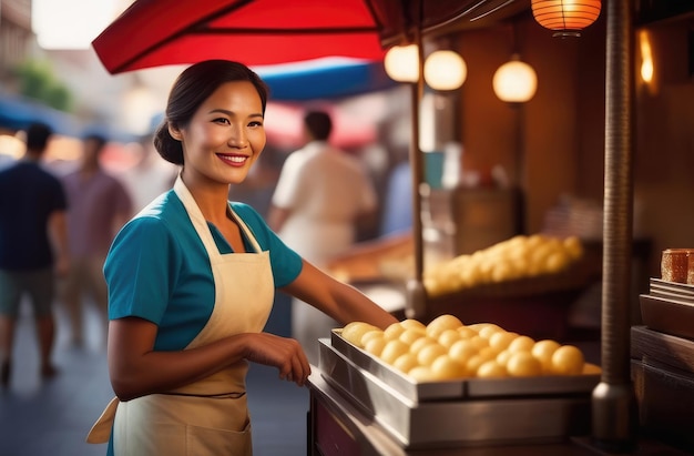 Azienda locale giovane venditrice asiatica che vende prodotti alimentari freschi all'aperto venditrice di Chinatown