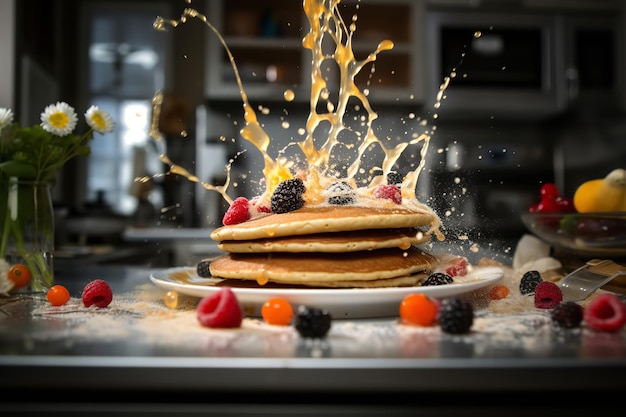 Azione di lancio del pancake, ripresa in una cucina moderna