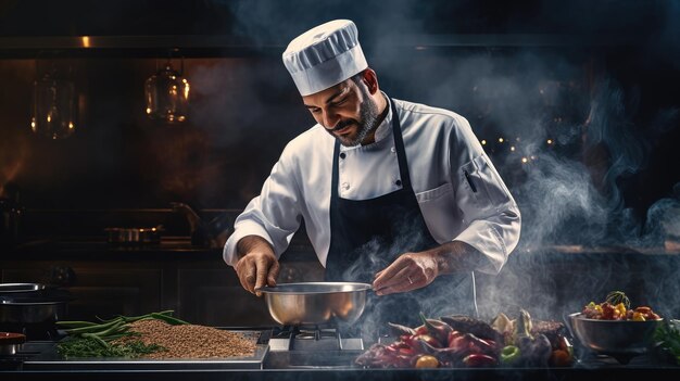 Azione di uno chef professionista che lavora nella cucina di un ristorante su uno sfondo scuro