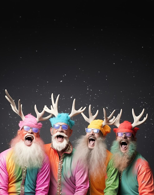 Babbi Natale in costumi colorati volti ridenti di abiti natalizi Colori dell'arcobaleno