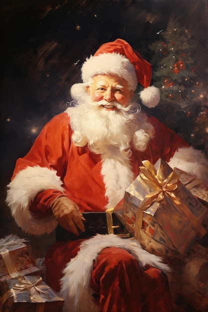 Babbo Natale accanto all'albero di Natale in posa per la macchina fotografica con sfondo fotografico di Natale