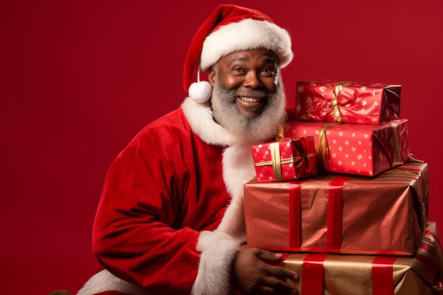 Babbo Natale afroamericano con un'enorme pila di regali