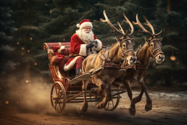 Babbo Natale all'interno della slitta che guida le sue renne incantate nel gioioso e nostalgico giorno di Natale