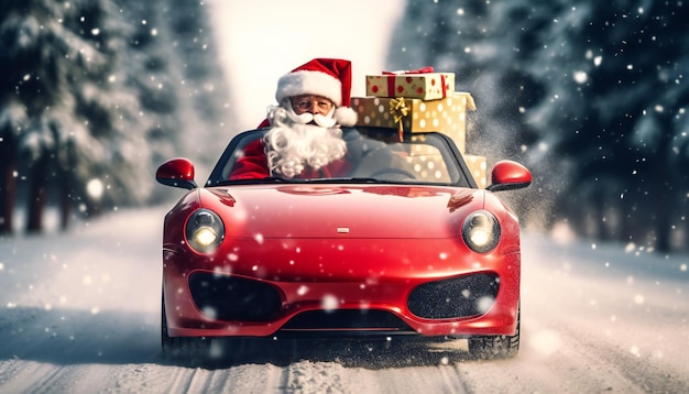 Babbo Natale alla guida di un'auto sportiva rossa durante la consegna dei giorni di Natale