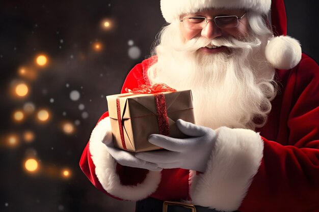 Babbo Natale allegro con un regalo in mano e sfondo festivo dell'albero di Natale per Ho