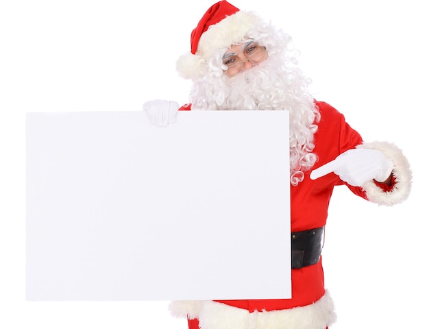 Babbo Natale allegro pazzo vicino all'area dello spazio di copia isolata su sfondo bianco Buon Natale e Capodanno concetto
