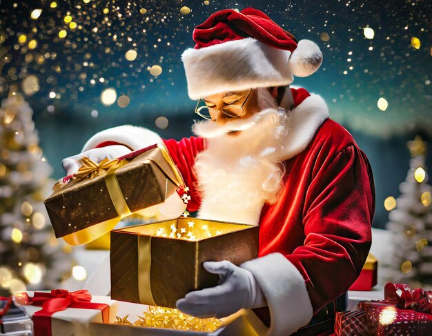 Babbo Natale apre il regalo di Natale con le stelle dorate nella notte spazio di copia e ai generativo