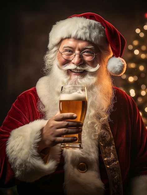 Babbo Natale beve birra con un sorriso felice