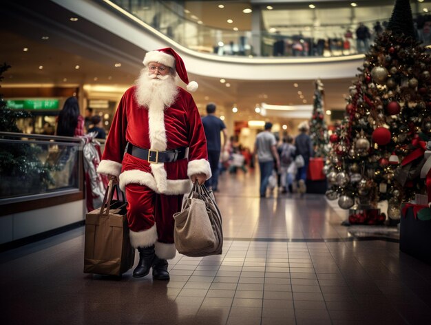 Babbo Natale cammina con sacchetti di regali in un centro commerciale e sembra stanco.