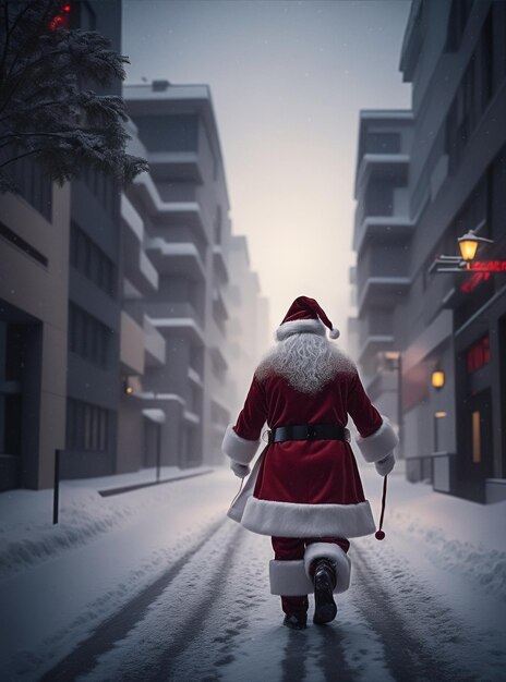 Babbo Natale cammina per una strada innevata