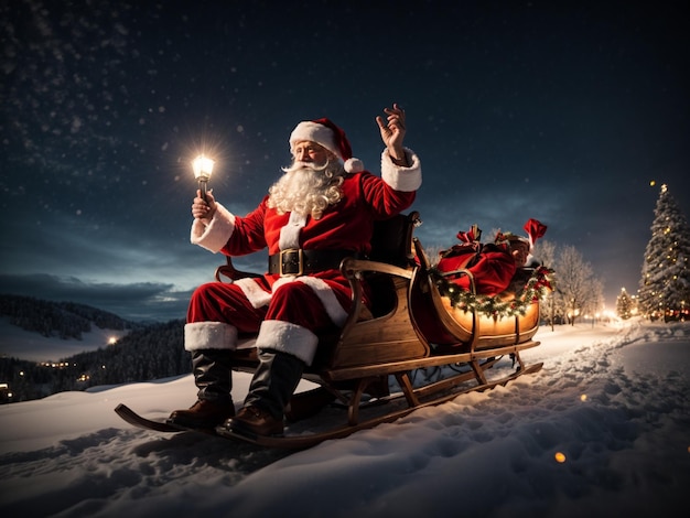 Babbo Natale cavalca una slitta nel cielo