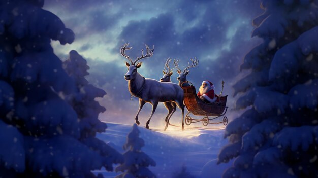 Babbo Natale cavalcando la sua slitta con le renne