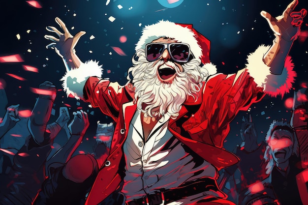 Babbo Natale che balla ad una festa rave in stile manga comico