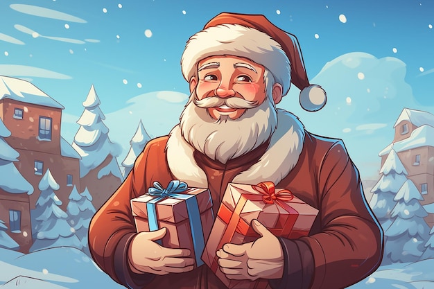 babbo natale che dà i regali di natale presente illustrazione vettoriale del fumetto