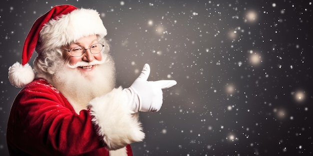 Babbo Natale che indica un cartello bianco vuoto con un modello di sorriso per lo spazio di copia del banner di progettazione