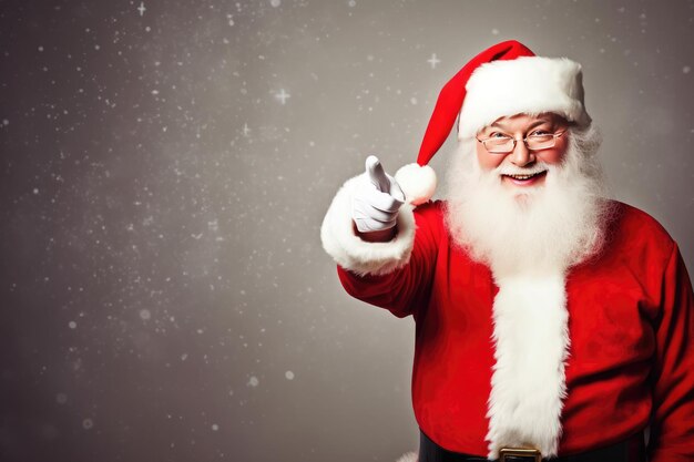 Babbo Natale che indica un cartello bianco vuoto con un modello di sorriso per lo spazio di copia del banner di progettazione