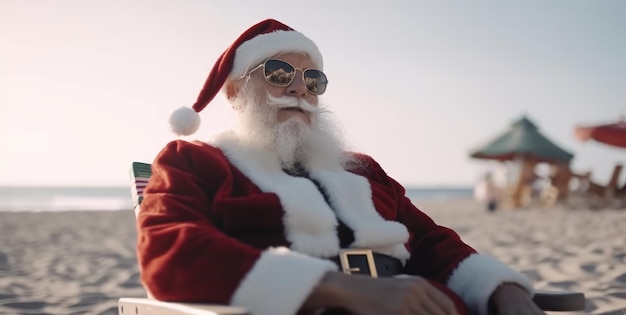 Babbo Natale che indossa occhiali da sole e cappello da Babbo Natale si siede su una spiaggia.