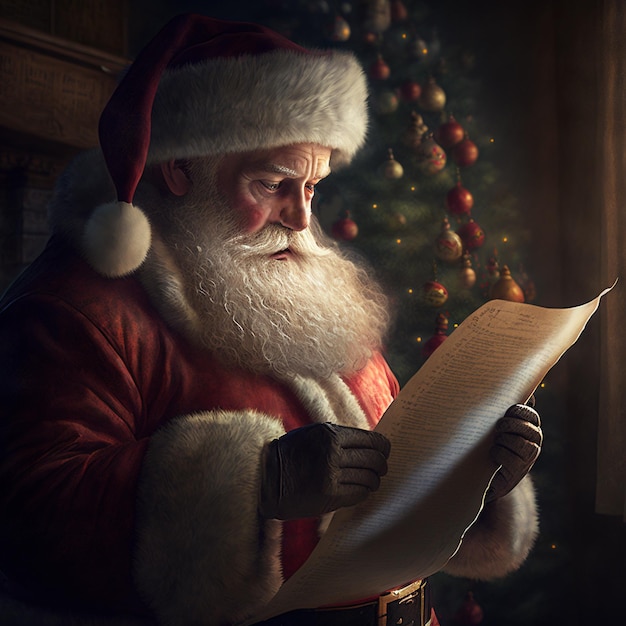 Babbo Natale che legge il papiro dei desideri