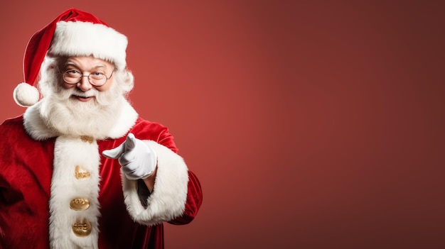 Babbo Natale che punta al banner pubblicitario con spazio per il testo AI generativa