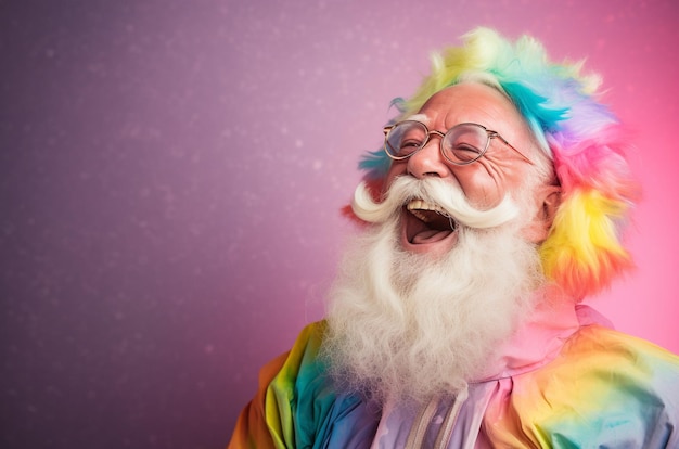 Babbo Natale che ride in costume arcobaleno Capelli colorati Occhiali da sole divertenti Colori pastello sfondo pulito E