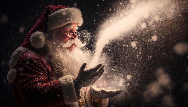 Babbo Natale che soffia la neve magica delle sue mani Ai generativo