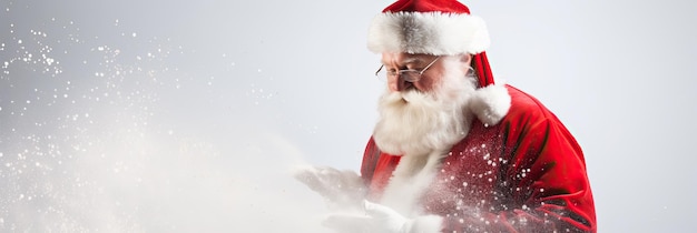 Babbo Natale che soffia la polvere magica di Natale su sfondo bianco