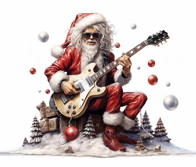 Babbo Natale che suona la chitarra in una scena innevata con le palle di Natale