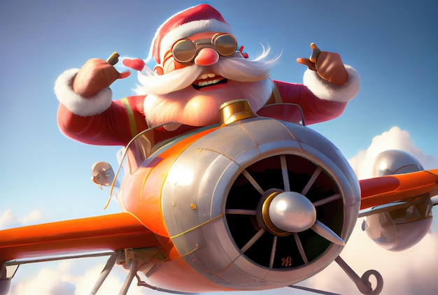 Babbo Natale che vola su un aereo a elica sopra il cielo blu e sfondo nuvoloso Buon Natale e felice anno nuovo concetto Illustrazione di arte digitale AI generativa