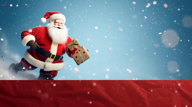 Babbo Natale con confezione regalo che cammina nella neve IA generativa