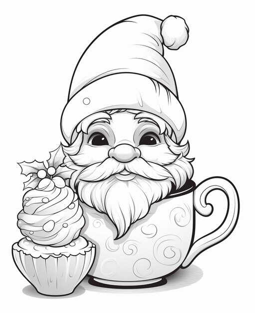 Babbo Natale con cupcake e foglie di aceto in una tazza generativa ai