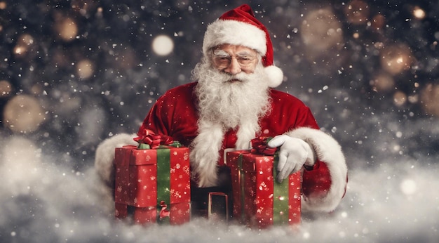 Babbo Natale con decorazioni natalizie Scena natalizia Il volto di Babbo Natale sullo sfondo natalizio