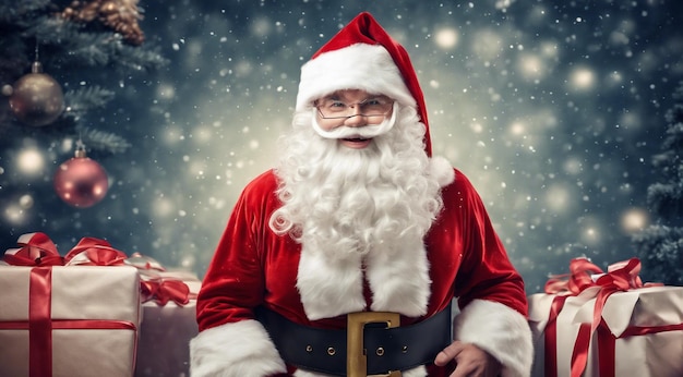 Babbo Natale con decorazioni natalizie Scena natalizia Il volto di Babbo Natale sullo sfondo natalizio