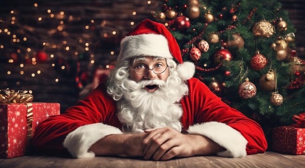 Babbo Natale con decorazioni natalizie Scena natalizia Il volto di Babbo Natale sullo sfondo natalizio