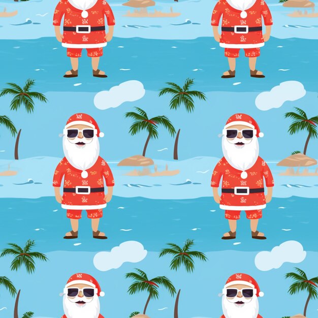 Babbo Natale con gli occhiali da sole e un vestito rosso in piedi su una spiaggia generativa ai