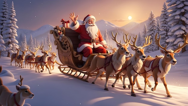 Babbo Natale con i regali conduce le renne in città