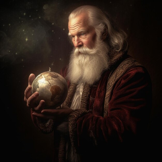 Babbo Natale con in mano un globo di neve, illuminazione fotografica ultra realistica in chiaroscuro