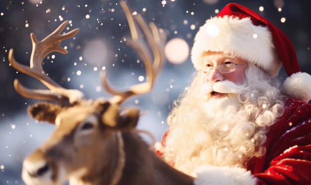 Babbo Natale con la slitta e le renne nella neve