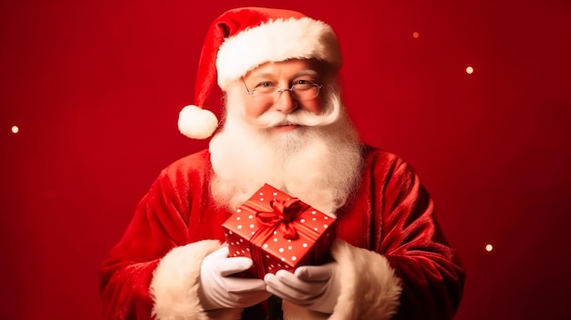 Babbo Natale con presenta sfondo bianco Ritratto di Babbo Natale allegro maschio con regalo colorato