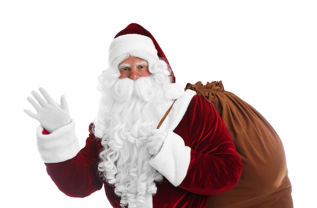 Babbo Natale con sacco su sfondo bianco