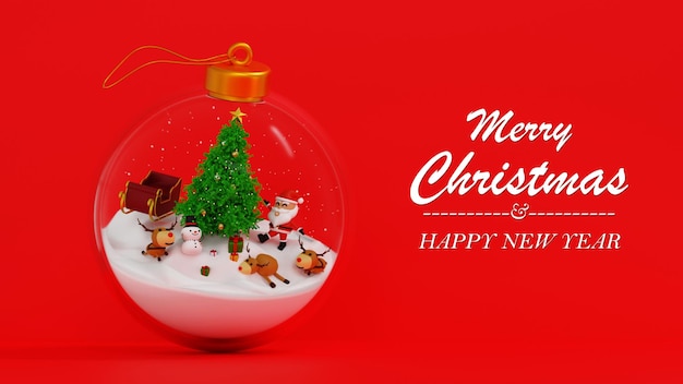 Babbo Natale con slitta vicino pupazzo di neve e albero di Natale e scatola regali neve nella decorazione palla di vetro Buon Natale Natale concetto rendering 3D