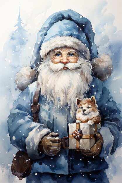 Babbo Natale con un cane e un regalo nelle mani Illustrazione ad acquerello