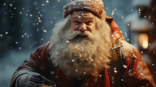Babbo Natale con un'enorme borsa in corsa per consegnare i regali di Natale alla nevicata