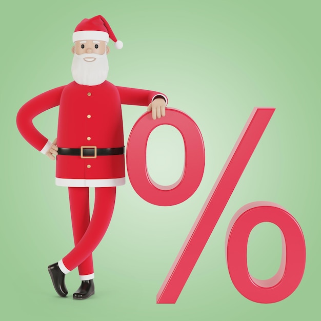 Babbo Natale con un segno di percentuale Sconti di Natale vendita illustrazione 3D in stile cartone animato