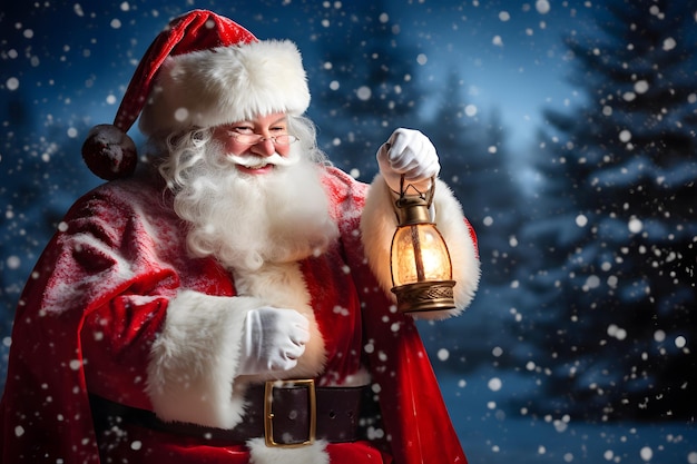 Babbo Natale con una lanterna in mano nella neve AI generativa