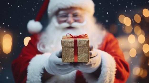 Babbo Natale dà un regalo sullo sfondo di illuminazione scura concetto di regalo di Natale