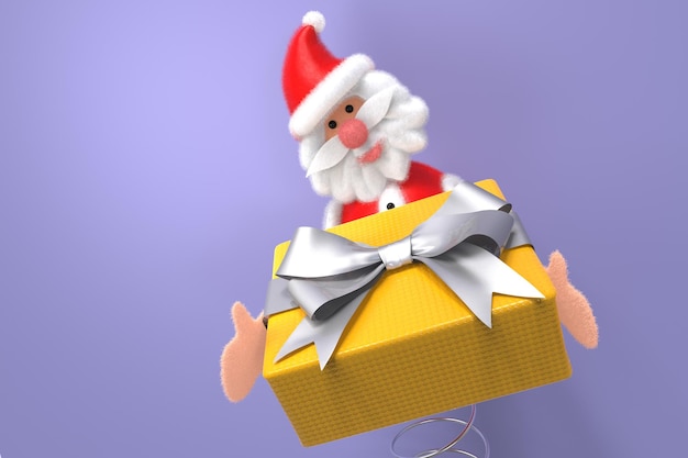 Babbo Natale di stoffa con molla tiene in mano una confezione regalo, illustrazione 3D